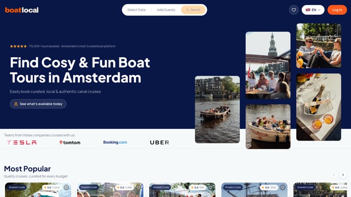 The boatlocal.nl homepage: Find cosy and fun boat tours in Amsterdam